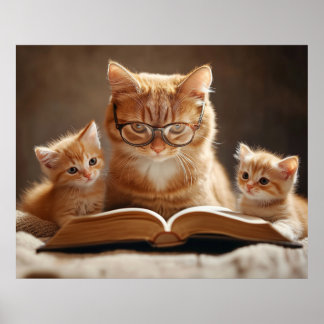 Affiche Chat en lunettes lisant un livre à ses chatons