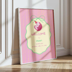 Affiche Chat Endormi 1er Anniversaire Rayures Jaunes Bienv