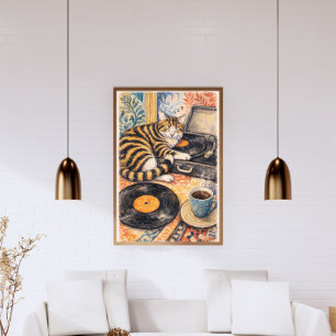 Affiche Chat endormi avec tourne-disque vinyle – Vintage