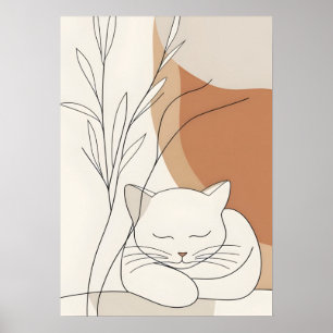 Affiche Chat Endormi Minimaliste & Botanique Bohème
