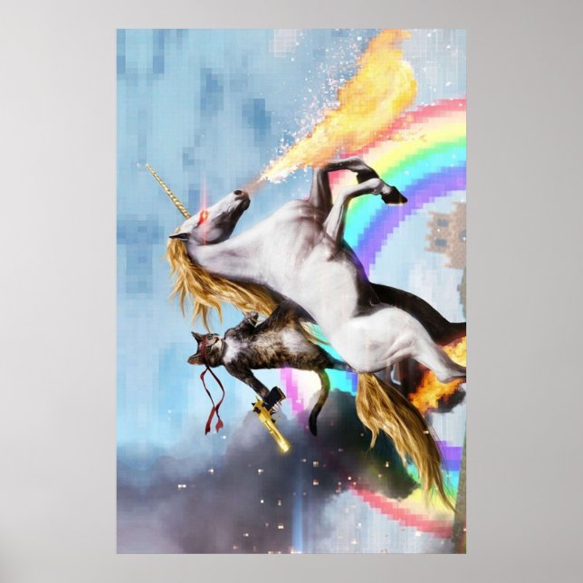 Affiche Chat équitation Unicorn avec arme (Devant)