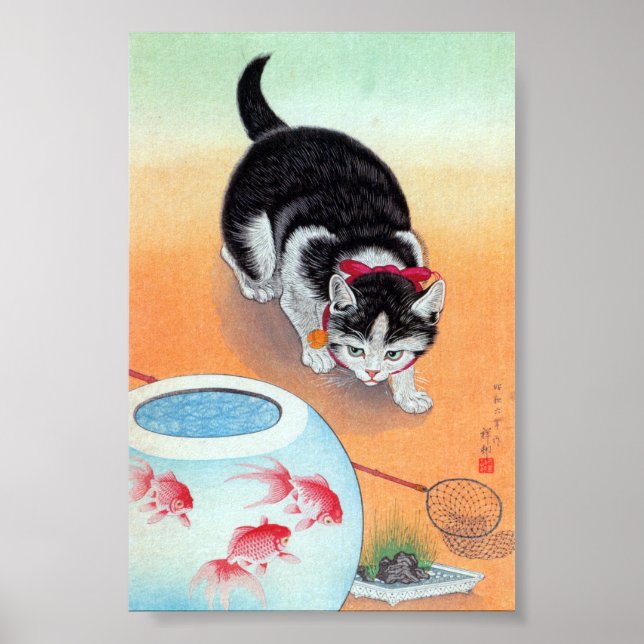 Affiche Chat et bol de pêche - Ohara Koson, remasseur (Devant)