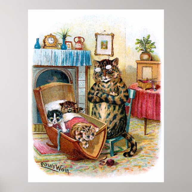 Affiche Chat et chatons vintages dans le berceau (Devant)