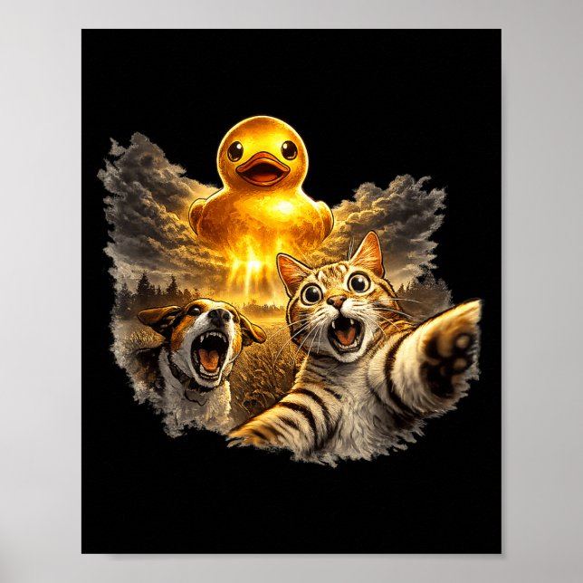 Affiche Chat et chien effrayés par un canard en caoutchouc (Devant)