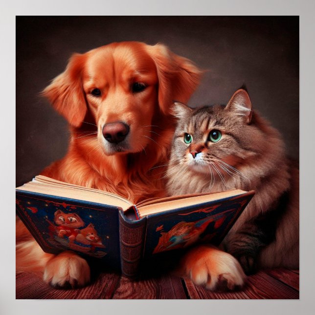 Affiche Chat et chien lisant un livre (Devant)