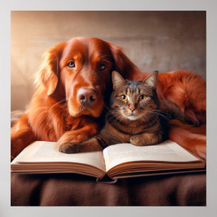 Affiche Chat et chien lisant un livre