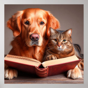 Affiche Chat et chien lisant un livre