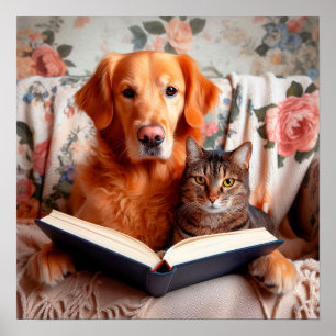 Affiche Chat et chien lisant un livre