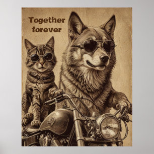 Affiche Chat et chien pour toujours ensemble bikers