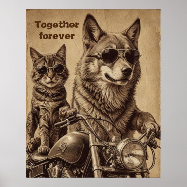 Affiche Chat et chien pour toujours ensemble bikers (Devant)