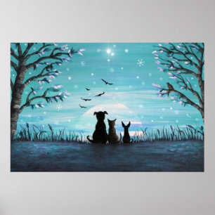 Affiche Chat et chiens Coucher de soleil hivernal