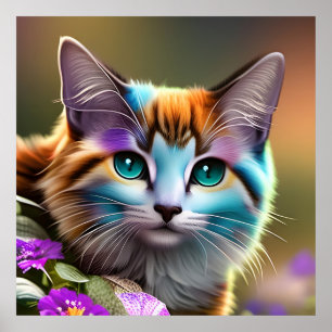 Affiche chat et fleurs bleu et rouille calico