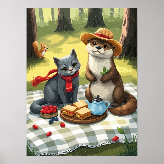 Affiche chat et loutre ayant un pique-nique forestier (Devant)
