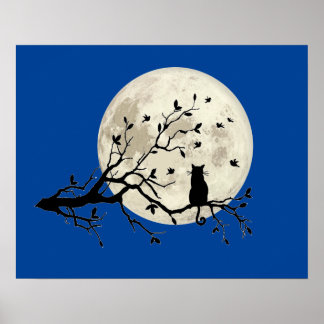 Affiche Chat et oiseaux avec silhouette et Pleine lune d'a