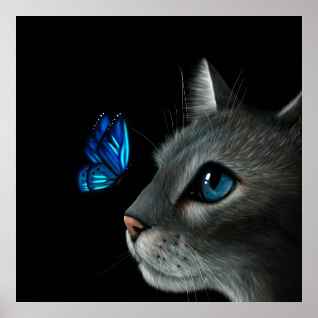 Affiche Chat et papillon bleu (Devant)