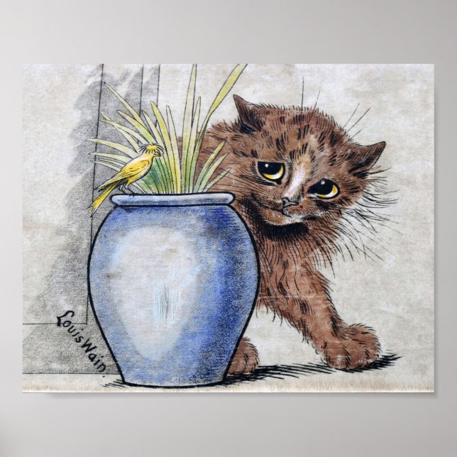 Affiche Chat et petit oiseau jaune, Louis Wain (Devant)
