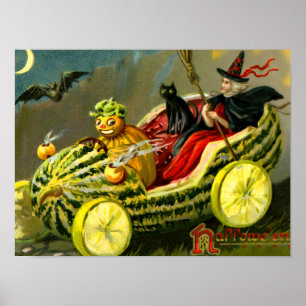 Affiche Chat et sorcière vintage d'Halloween noir