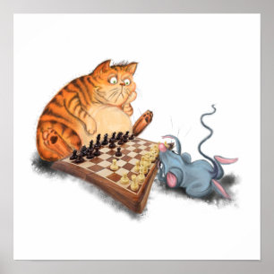 Affiche Chat et Souris Jouant aux Échecs Dessin Animé Drôl