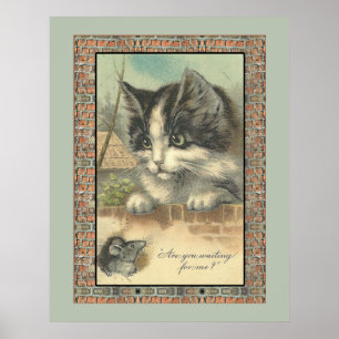 Affiche Chat et souris vintage "attendez-vous pour moi?"