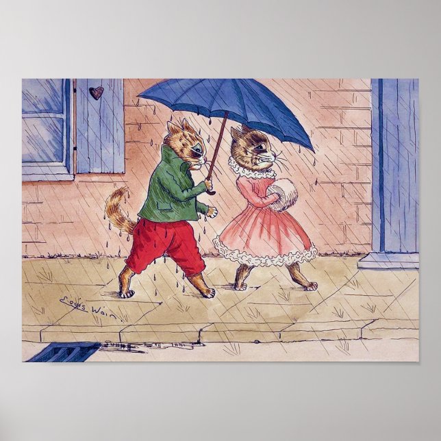 Affiche Chat faisant la cour sous la pluie, Louis Wain (Devant)