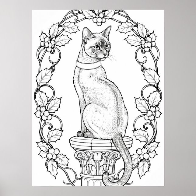 Affiche Chat fier sur une colonne classique avec du houx (Devant)