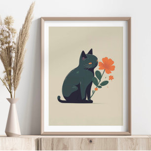 Affiche Chat Fleur Noir Minimaliste
