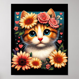 Affiche Chat Fleur Rétro Amour Art Kitten Avec Fleurs Anim
