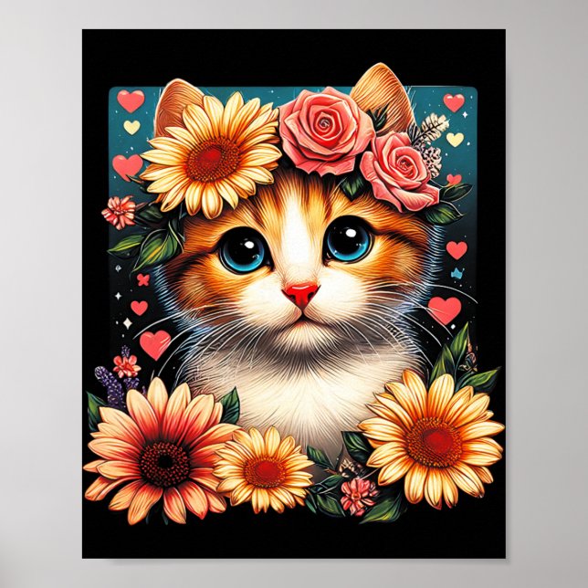 Affiche Chat Fleur Rétro Amour Art Kitten Avec Fleurs Anim (Devant)