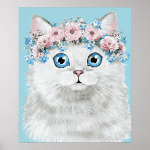 Affiche Chat floral blanc doux
