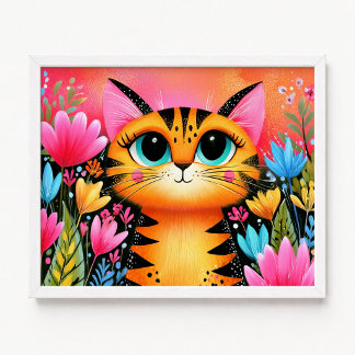 Affiche Chat floral tabby rose et orange aux yeux bleus
