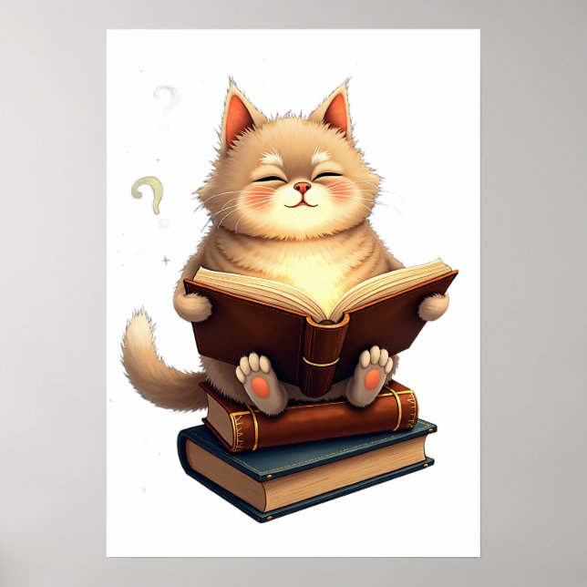 Affiche Chat flottant dans l'espace lisant un livre de con (Devant)