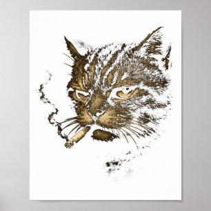 Affiche Chat fumant une cigarette Esquisse rétro Mème drôl