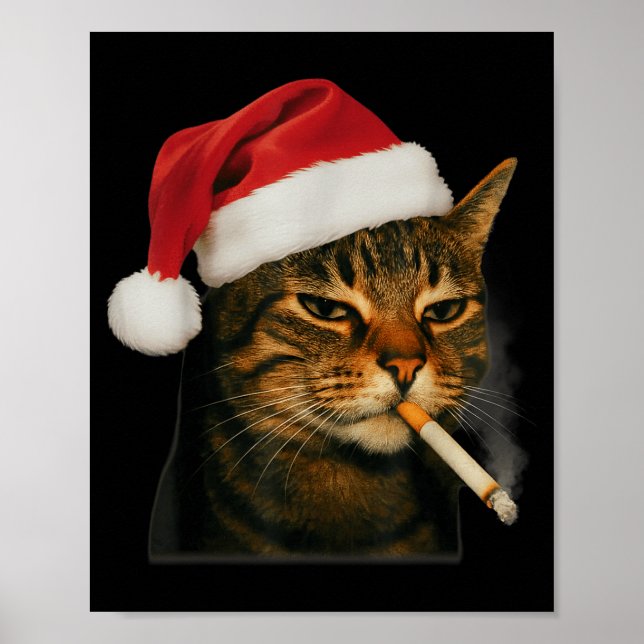 Affiche Chat Fumeur Cigarette Noël Chapeau Santa Chat Meme (Devant)