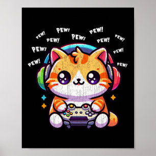 Affiche Chat Gamer Pew Drôle Jeux Vidéo Vintage Garçons Ho