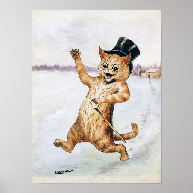 Affiche Chat Gentleman Marchant dans la Neige, Louis Wain (Devant)