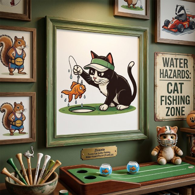 Affiche Chat golfeur drôle pêchant dans un obstacle d'eau (Créateur téléchargé)