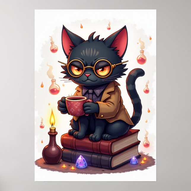 Affiche Chat Grincheux Dark Academia Lecteur Bibliophile L (Devant)
