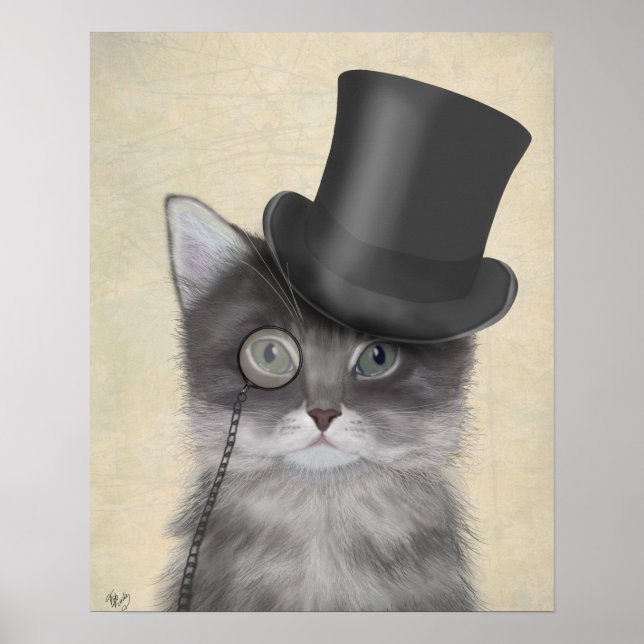 Affiche Chat gris avec chapeau supérieur (Devant)