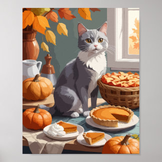 Affiche Chat gris avec tarte citrouille