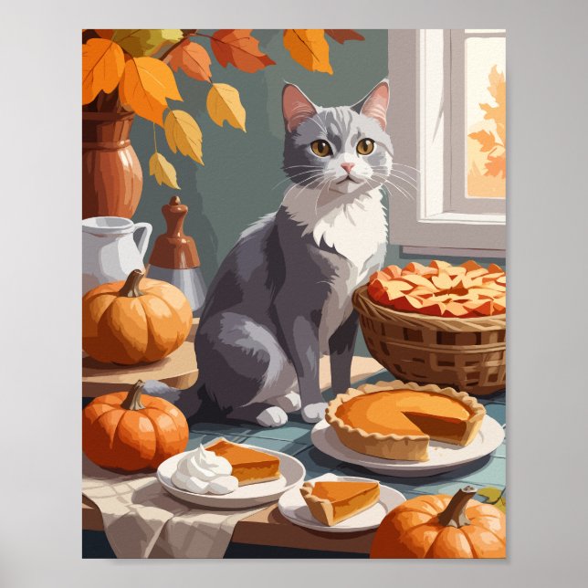 Affiche Chat gris avec tarte citrouille (Devant)