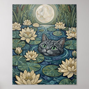 Affiche Chat gris contemplant la magie de l'étang de nénup