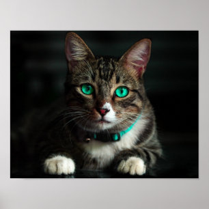 Affiche Chat gris et blanc avec yeux bleus et collier corr