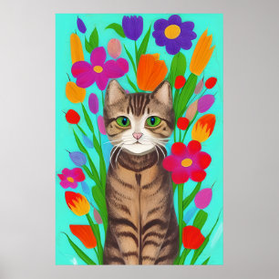 Affiche Chat gris mignon avec Fleurs colorées