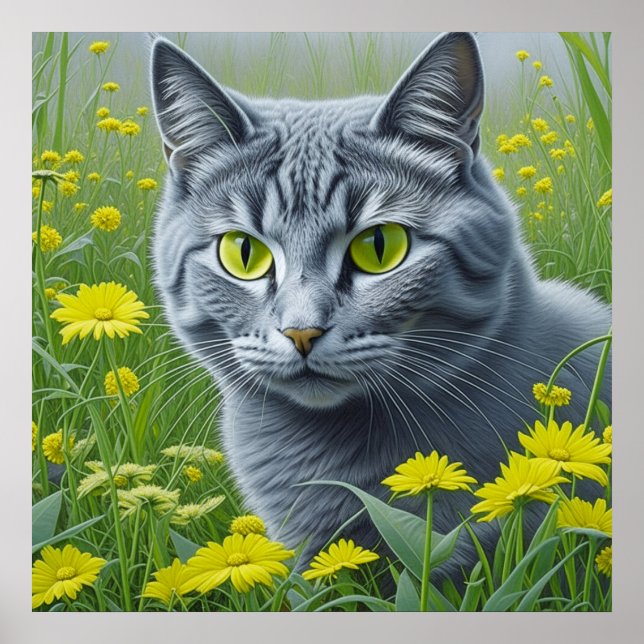 Affiche Chat gris mignon avec Yellow Eyes Ai Art (Devant)