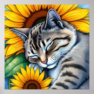Affiche Chat Gris Mignon Endormi et Tournesol