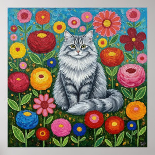 Affiche Chat gris rayé et duveteux avec des fleurs d'art f