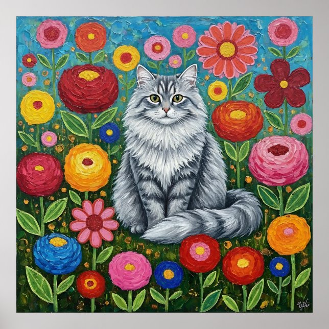 Affiche Chat gris rayé et duveteux avec des fleurs d'art f (Devant)