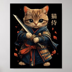 Affiche Chat Guerrier Japonais Samurai Chat Tattoo Kawaii 