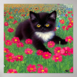 Affiche Chat Gustav Klimt Tuxedo<br><div class="desc">Poster avec un chat tuxedo Gustav Klimt ! Cette adorable petite chatte noire et blanche est installée dans un champ de fleurs rouges,  bleues,  blanches et oranges. Un cadeau génial pour les amateurs d'art amoureux des chats et autrichiens !</div>