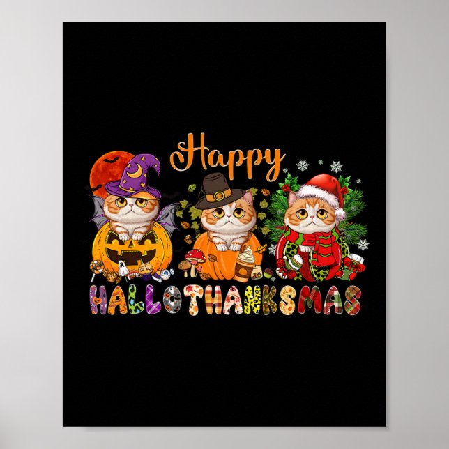 Affiche Chat Halloween Noël Joyeux Hallothanksmans Merci (Devant)